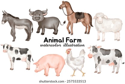 Watercolor Farm Animal Illustration: Featuring Donkey, Buffalo, Horse, Sheep, Cow, Pig, and Chicken for Farm-Themed Designs, Countryside Art, and Creative Rural Projects