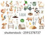 Watercolor farm animals and agricultural elements. Animals on the farm, barn, fence, vegetables, milk, eggs. Dog, pig, horse, cat, cow, ship.