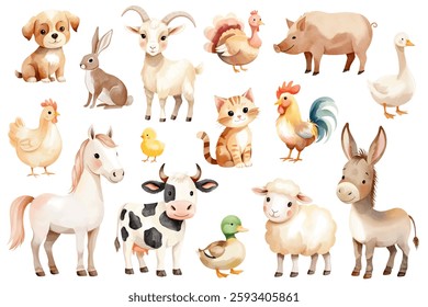 Aquarela animais de criação. Animais lindos desenhados à mão. Galinha, cachorro, porco, cavalo, gato, vaca, navio, cabra, pato, ganso.