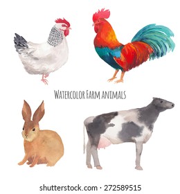Watercolor farm animals. Hand drawn vector rabbit, cow, hen, rooster isolated on white background. Set of artistic ranch animals silhouettes