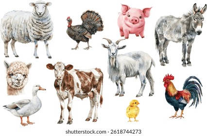 Watercolor Farm Animals Vector Illustration With Cow Pig Chicken Goat And More