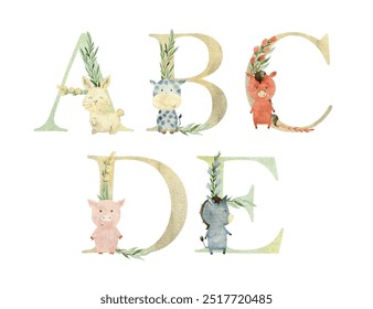 Watercolor farm animals vector letters for invitation card, nursery poster and other.