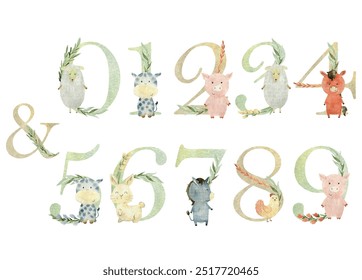 Watercolor farm animals vector numbers for invitation card, nursery poster and other.