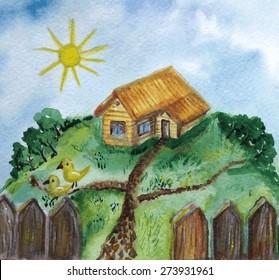 Watercolor Farm background. Village. Cottage.