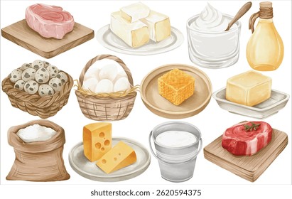 Watercolor Farm Produce Clip Art Set Hand Painted Cheese Butter Egg Milk Yogurt Cream Meat Honey Salt Oil Food Illustration
