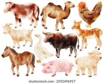 Watercolor Farm and Wildlife Animal Illustration Set - Hand-Painted, Realistic, Rustic Style - Cow, Horse, Goat, Pig, Sheep, Rooster, Buffalo, Deer, Camel, Goose, Vector Illustration