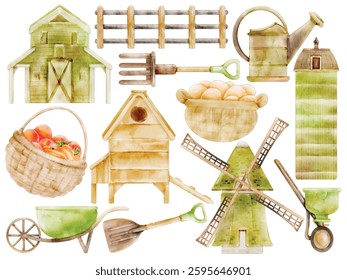 Watercolor Farmhouse Illustration Set, Barn, Windmill, Chicken Coop, Fence, Garden Tools, Basket, Wheelbarrow, Eggs, Vegetables, Hand-painted, Vintage, Country Life, Vector, Illustration
