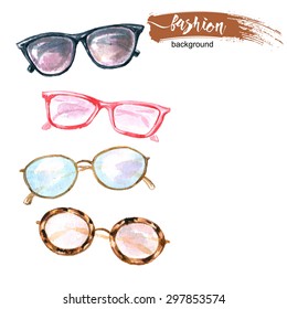 Watercolor  fashion background  with    sunglasses.  Vector illustration.