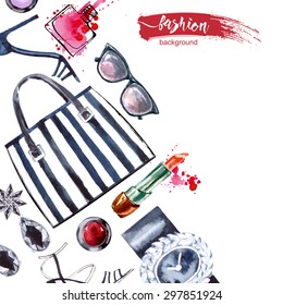 Watercolor  fashion and cosmetics background  with   ladies handbag, sunglasses, earrings, watches.  Vector illustration.