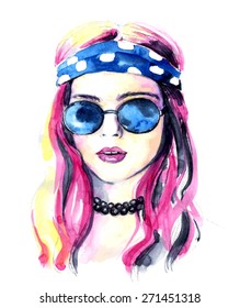 The watercolor fashion girl in the heart shaped glasses. Vector