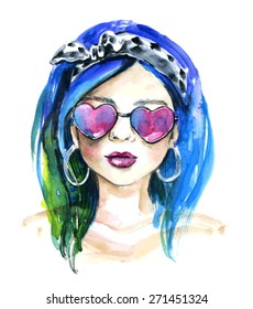 watercolor fashion girl in the heart shaped glasses. Vector