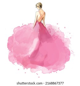 watercolor fashion girl in pink cloud  frock illustration vector