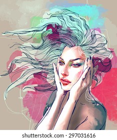 Watercolor fashion illustration with a beautiful lady with decorative hair