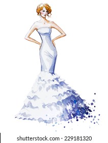 Watercolor fashion illustration, Beautiful young girl in a long dress. Wedding dress. Vector illustration. 