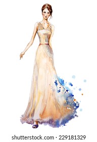 Watercolor fashion illustration, Beautiful young girl in a long dress. Wedding dress. Vector illustration. 