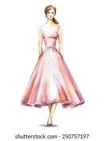 Watercolor Fashion Illustration, Girl In A Dress.  Vector Illustration.