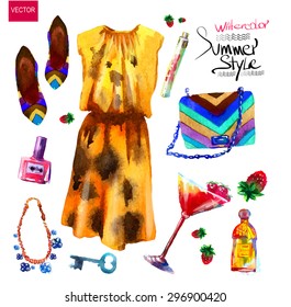 Watercolor fashion illustration. set of trendy look, watercolor