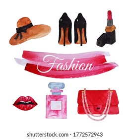 Watercolor fashion set: hat, shoes, lipstick, lips, perfume, purse. Vector illustration.