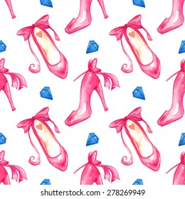 Watercolor fashion shoes and diamonds background. Seamless pattern.