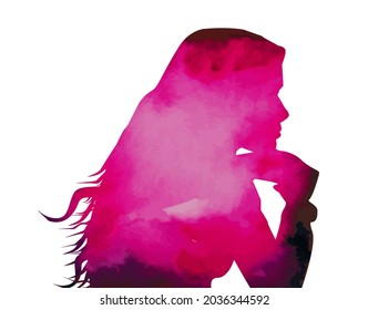 Watercolor Fashion Woman with Long Hair. Vector Illustration. Beautiful Mermaid Face. Girl Silhouette for Cosmetics, Health and spa.