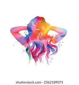 Watercolor Fashion Woman with Long Hair. Vector Illustration. Beautiful Mermaid Face. Girl Silhouette. Cosmetics. Beauty. Health and spa. Fashion themes.