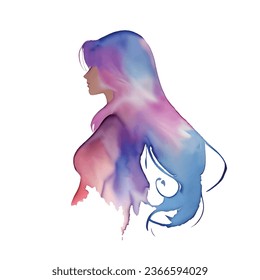 Aquarellfarben Modefrau mit langem Haar. Vektorgrafik. Schönes Meerjungfrau Gesicht. Girl Silhouette. Kosmetik. Schönheit. Gesundheit und Spa. Modethemen.