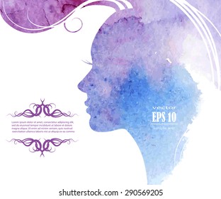 Watercolor Fashion Woman with Long Hair. Vector Illustration. Beautiful Mermaid Face. Girl Silhouette. Cosmetics. Beauty. Health and spa. Fashion themes.