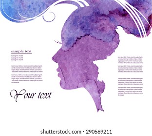 Watercolor Fashion Woman With Long Hair. Vector Illustration. Beautiful Mermaid Face. Girl Silhouette. Cosmetics. Beauty. Health And Spa. Fashion Themes.