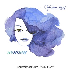 Watercolor Fashion Woman With Long Hair. Vector Illustration. Beautiful Mermaid Face. Girl Silhouette. Cosmetics. Beauty. Health And Spa. Fashion Themes.