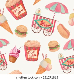 Watercolor fast food pattern. Seamless texture with vintage style food: ice cream, pop corn, cake, hot dog, hamburger. Retro background