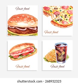 Watercolor fastfood cards set with sandwich pizza hamburger and soda drink isolated vector illustration