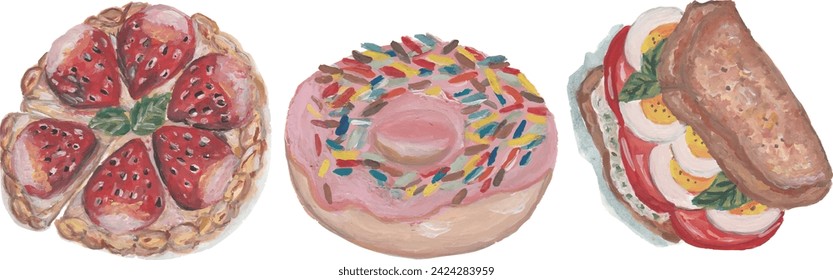 Watercolor fastfood illustration. pizza donut sandwich