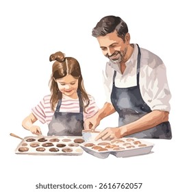 watercolor A father and daughter baking illustration