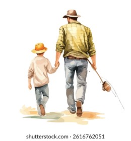 watercolor A father and son fishing illustration