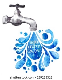 Watercolor faucet with water drops over white, Vector illustration, Vector