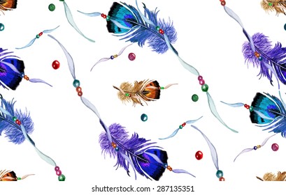 Watercolor Feather, Bead & Beaded Ribbon seamless vintage pattern on white background. Watercolor texture. Cloth & rug design. Purple, Brown, Black, Blue & White vector backdrop. Boho style.
