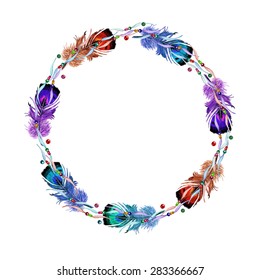 Watercolor Feather, Beaded Ribbon & Bead Wreath, isolated on white background. Vector Element for your design. Hand drawn ethnic frame for Save the Date Card, Wedding invitation, covers. Boho style.