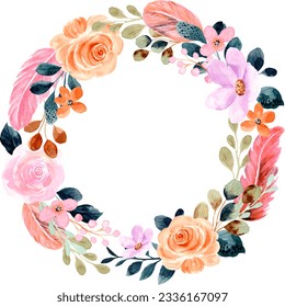 Watercolor feather and floral wreath for wedding, birthday, card, background, invitation, wallpaper, sticker, decoration etc.