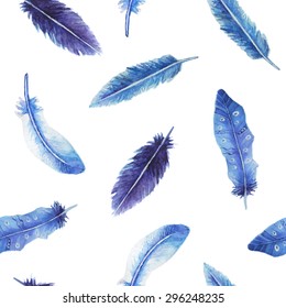 Watercolor feather seamless pattern in blue and violet colors. It can be background, pattern for textile e.g. for pajamas or bed linens, etc