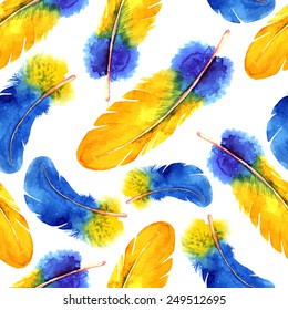 Watercolor feather seamless pattern. Hand drawn vector illustration