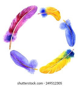 Watercolor feather set. Hand drawn vector illustration