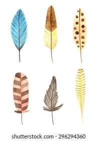 Watercolor feathers collections. Hippie, indian traditional nature design elements, icons