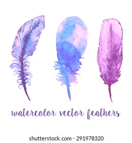 Watercolor feathers. Hand drawn unique ethnic vector boho elements.