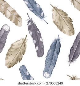 Watercolor feathers. Seamless pattern