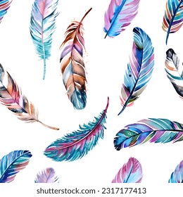 Watercolor feathers seamless pattern, colourful bird feather isolated on white 