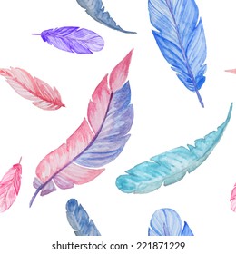 Watercolor feathers seamless pattern. Hand painted texture.