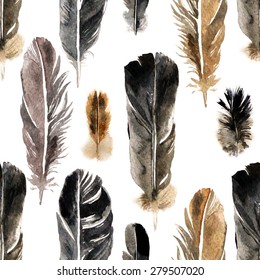 Watercolor feathers seamless pattern on white background
