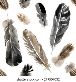 Watercolor feathers seamless pattern on white background