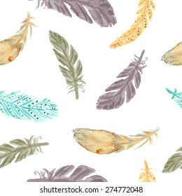 Watercolor feathers seamless pattern. Watercolor painted  ethnic texture. Native seamless pattern