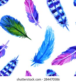 Watercolor Feathers Seamless Pattern. Vector illustration